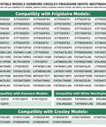 Model compatibility chart for Upgraded 134550800 Washer Door Hinge With Bushings And 131763310 Striker Kit with Frigidaire, Kenmore, Crosley.
