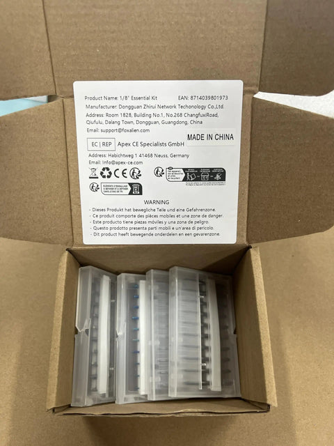 Open box displaying One Eighth Inch Shank CNC Router Bits Kit For All Purpose Engraving And Milling with product label visible.