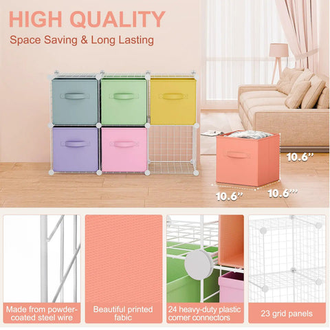 Six Cube Storage Organizer With Fabric Bins And Wire Grid Shelves Stackable Modular Units For Bedroom Living Room And Office