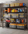 Badass Heavy Duty Adjustable Metal Wire Shelving Unit with reinforced carbon steel grid holding toolboxes and equipment in garage.