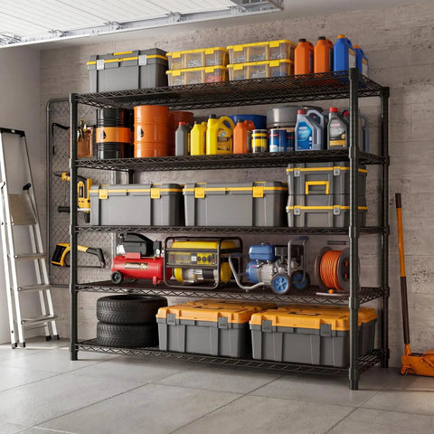 Badass Heavy Duty Adjustable Metal Wire Shelving Unit with reinforced carbon steel grid holding toolboxes and equipment in garage.