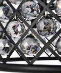 Close-up of Eight Light Crystal Pendant Lamp Mocha Bronze Polished Nickel Ceiling Fixture Hand Forged Iron Grid Royal Cut Clear Glass Orbs.