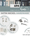 Satin nickel hardware selection featuring door handles, knobs, stops, hinges, and hinge pins for home improvement.