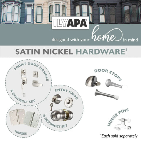 Satin nickel hardware selection featuring door handles, knobs, stops, hinges, and hinge pins for home improvement.