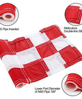 Red and white flag from Four Pack Mini Golf Flags Set With Tube Inserts For Backyard Putting Green Practice, showing stitching details.