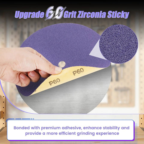 Close-up of 60 grit zirconia sanding disc from 30 pack 7 inch sanding discs for lawn mower blade sharpener high performance 7 by 5 eighths inch grinding wheels replaces two thirds horsepower 500W mower sharpeners fast sharpening durable abrasive discs for clean dope pro grade lawn care.