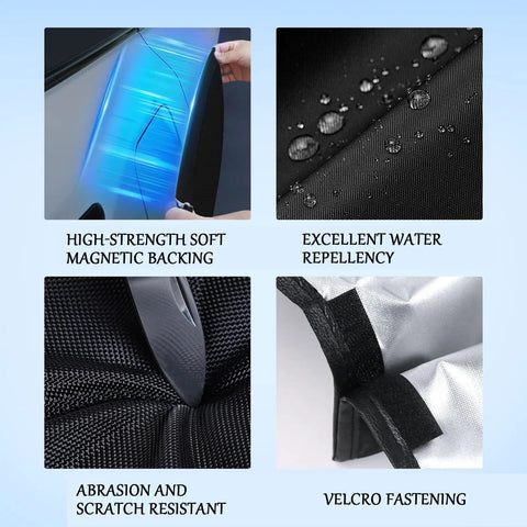 Beat The Elements EV Charger Cover For Chevy Blazer Ev showing high-strength magnetic backing, water repellent material and Velcro fastening.