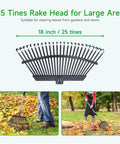 Heavy Duty 72 Inch Expandable Leaf Rake With 25 Reinforced Tines And Stainless Steel Handle 18 Inch Wide Garden Rake For Lawn Cleanup Yard Debris Leaves Park Maintenance Workhorse Easy To Use showing rake head and use.