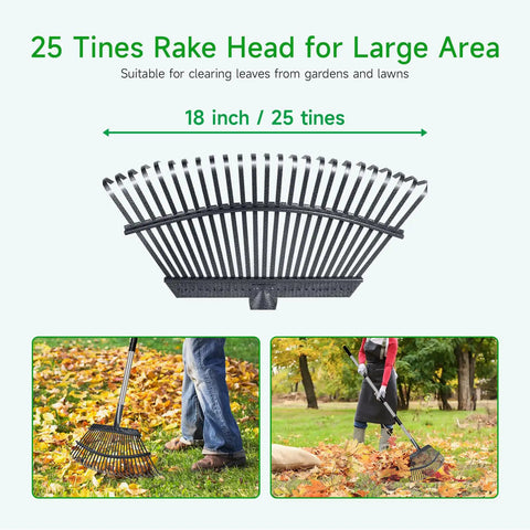Heavy Duty 72 Inch Expandable Leaf Rake With 25 Reinforced Tines And Stainless Steel Handle 18 Inch Wide Garden Rake For Lawn Cleanup Yard Debris Leaves Park Maintenance Workhorse Easy To Use showing rake head and use.