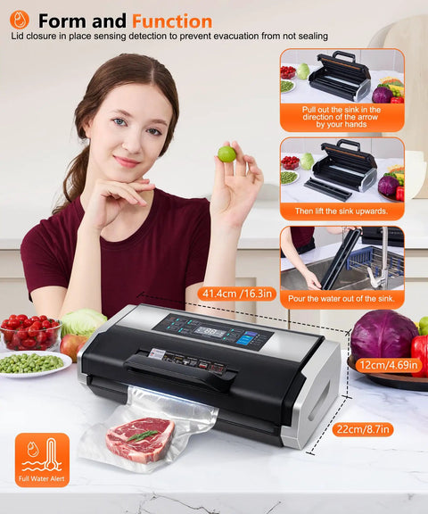 Beast 95KPa Vacuum Sealer Machine For Home Cooks And Pros with meat being sealed and vegetables nearby on a kitchen counter