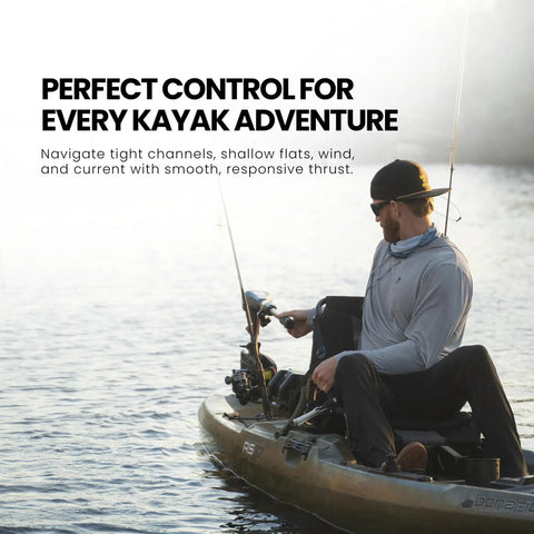Man using Saltwater Ready Kayak Trolling Motor 36 Lb Thrust Transom Mount with LED Battery Indicator on kayak in water