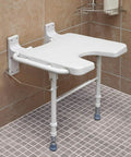 Wall Mount Fold Away Shower Chair With Adjustable Legs 16 By 16 Inch White Bath Seat Bench for safe shower use in tiled bathroom