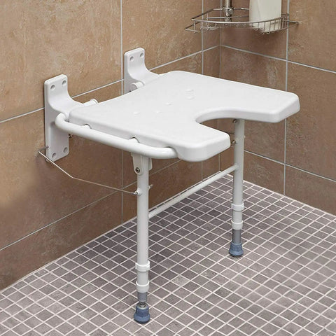 Wall Mount Fold Away Shower Chair With Adjustable Legs 16 By 16 Inch White Bath Seat Bench for safe shower use in tiled bathroom