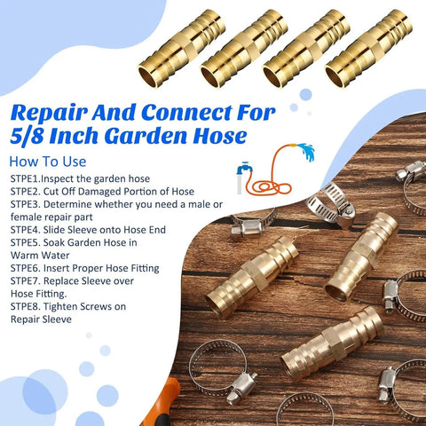 Top Notch Garden Hose Repair Kit With Four Solid Brass Connectors And Eight Stainless Steel Clamps, Perfect For Fixing Leaky Hoses On 0.63 To 0.75 Inch Lines At Home Or In The Yard Without Any Hassle. brass hose repair kit with 4 connectors and clamps, 5/8 inch garden hose