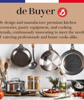 de Buyer kitchen utensils and cookware on display, including pans and pots, showcasing premium kitchen accessory collection.