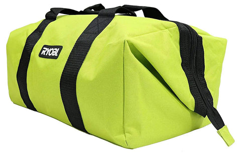 Bright green wide mouth contractor bag with dual handles, full top zipper, and OEM label, made for rugged jobsite use.