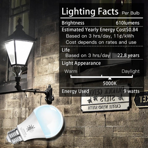 Dusk To Dawn Outdoor LED Light Bulbs 2 Pack 5000K Daylight 720 Lumens 9W 60W Equivalent A19 E26 with lighting facts.