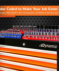 Magnetic Socket Organizer Set 3 Piece for 1/4 3/8 1/2 Inch Drives, SAE and Metric, color-coded red and blue on tool chest.