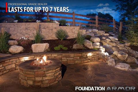 Pro Grade 5 Gallon Solvent Based Concrete Sealer Drops A Real Matte Wet Look Finish On Brick And Slate With Hella Strong Deep Penetrating Water Repellent Shield For Straight Up Masonry Perfection in outdoor setting with stone fire pit.