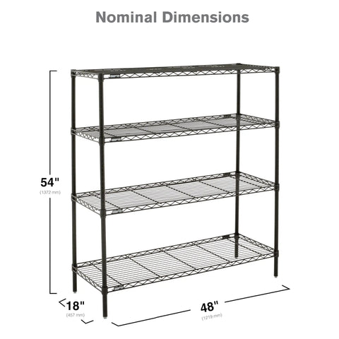 Heavy Duty Badass Wire Shelving Rack With Four Commercial Grade NSF Certified Layers For Garage Kitchen Closet Organization Breathable Mesh Blows Dust Away Easy Assembly Black Storage Set 18X48X54 Inches