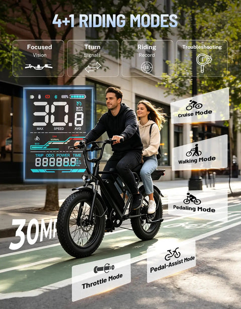 Couple riding RetroVolt Electric Bike For Adults With 2000W Peak Power And 30 MPH Top Speed 48V 13Ah Battery on city street