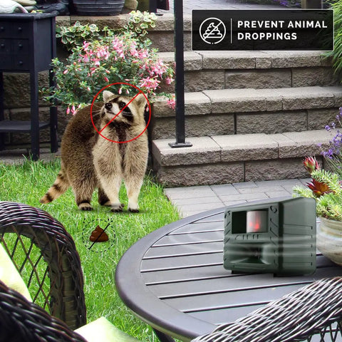 Yard Gard Ultrasonic Animal Repeller for 4000 Sq Ft Keeps Deer, Raccoons, and Skunks Out With Humane No Harm High Frequency Sound Humans Don't Hear But Pests Do for a Safer, Pest Free Backyard on patio table