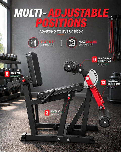 Multi-adjustable 4 In 1 Leg Extension Curl Machine For Home Gym With Leg Developer And Hip Thrust Station, side view, indoors