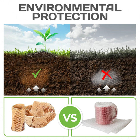 Eco Friendly Honeycomb Packing Paper vs Plastic Wrap with Environmental Protection message in background.