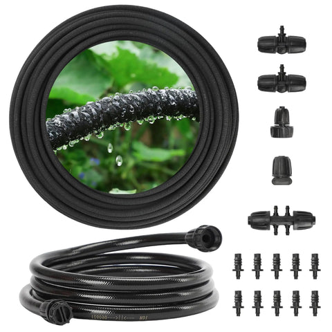 Drip Irrigation System with 100 ft Quarter Inch Soaker Hose and 10 ft Half Inch Tubing for Raised Beds, Veggies, Lawn, and Greenhouse