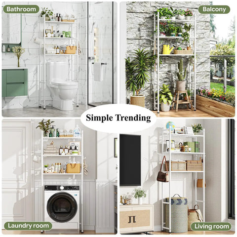 Three Tier Over Toilet Storage Rack With Built In Paper Towel Holder And Heavy Duty Hooks, smart bathroom organizer shelf in various settings.