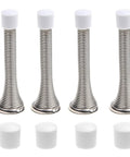 Four Pack Silver Spring Door Stopper Set, Screw In Flexible Steel With White Rubber Tips, Wall Saver That Prevents Bumps And Dents