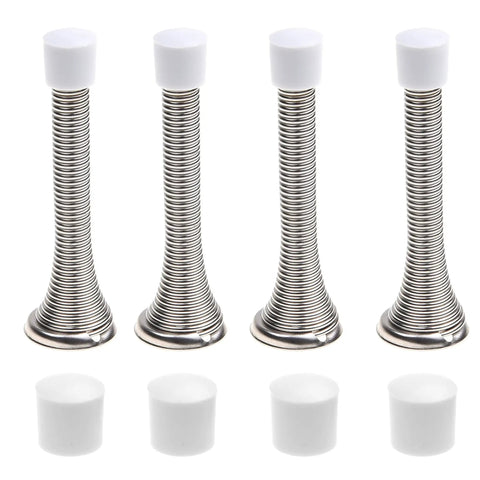 Four Pack Silver Spring Door Stopper Set, Screw In Flexible Steel With White Rubber Tips, Wall Saver That Prevents Bumps And Dents
