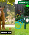 Before and after yard scene with Solar Powered Ultrasonic Animal Repellent With Outdoor Motion Sensor For Squirrels And Deer Yard Guard PIR Detection Up To 30 Feet 120 Degree Coverage Inaudible To Humans With LED Strobe installed