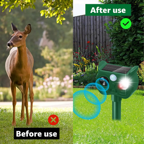 Before and after yard scene with Solar Powered Ultrasonic Animal Repellent With Outdoor Motion Sensor For Squirrels And Deer Yard Guard PIR Detection Up To 30 Feet 120 Degree Coverage Inaudible To Humans With LED Strobe installed