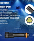 Image showcasing D511 2200 Lumen LED Dive Light With Aluminum Alloy Body, 150m Depth Rating, dual battery modes, dimensions, and features.