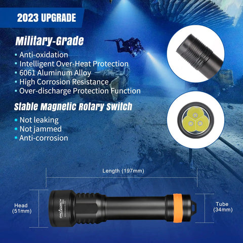 Image showcasing D511 2200 Lumen LED Dive Light With Aluminum Alloy Body, 150m Depth Rating, dual battery modes, dimensions, and features.