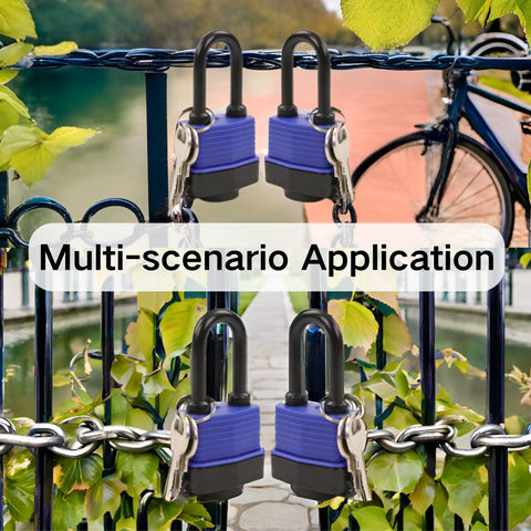 Beefy 4 Pack Keyed Alike Padlocks With Long Shackle Laminated Steel Construction Chrome Finish on gate with bike