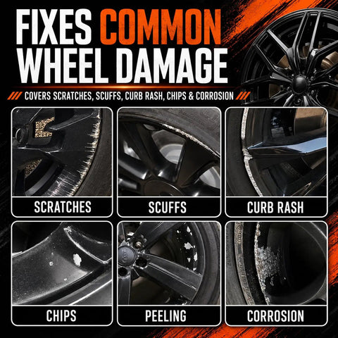 Curb Rash Buster And Ride Restorer For Gloss Black Wheels, Fix Scratches And Chips With This High Gloss Black Rim Paint Pen showing wheel damage types.