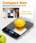 Digital Food Scale For Home Cooks, 33lb Capacity, 1g Precision, lemon on stainless steel platform, compact size display