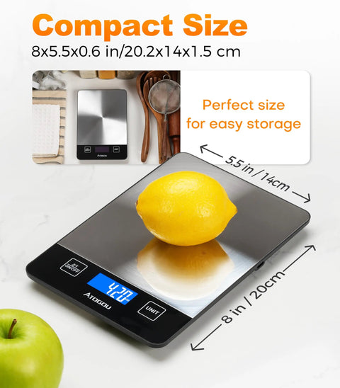 Digital Food Scale For Home Cooks, 33lb Capacity, 1g Precision, lemon on stainless steel platform, compact size display