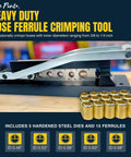 Heavy Duty Ferrule Crimping Tool And Air Hose Repair Kit with 5 steel dies and 15 ferrules visible on a workshop table.