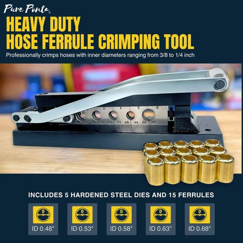 Heavy Duty Ferrule Crimping Tool And Air Hose Repair Kit with 5 steel dies and 15 ferrules visible on a workshop table.