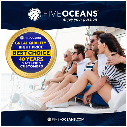 Group of friends seated on a sailboat deck with a 'Five Oceans' quality badge.