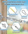 33 Piece Marine Grade Stainless Steel Sun Shade Sail Hardware Kit showing turnbuckles, snap hook, pad eyes, and screw for outdoor use
