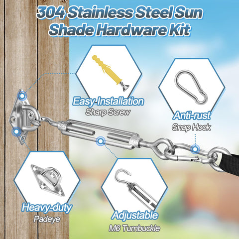 33 Piece Marine Grade Stainless Steel Sun Shade Sail Hardware Kit showing turnbuckles, snap hook, pad eyes, and screw for outdoor use