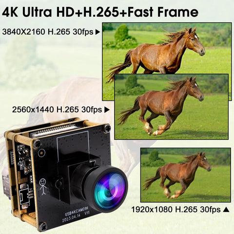 4K USB HDMI Camera Module With 120 Degree Wide Angle Lens 4K 30fps PC Webcam, images of camera and captured horse videos