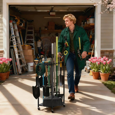 Person using Heavy Duty Rolling Garden Tool Organizer On Wheels With 14 Hooks And 5 Slots, 3 Tier Metal Cart Holds Rakes Shovels