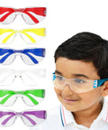 Assorted Color Kids Safety Glasses 12 Pack Over Glasses Design With Ansi Z87 Rating For Youth Providing Soft Tr90 Frames and colorful designs with a boy wearing them.