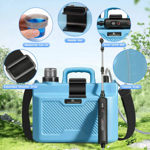 Battery Powered 2 Gallon Sprayer With Three Speed Settings, Extendable Spray Wand, LED Battery Indicator, and digital gauge in garden