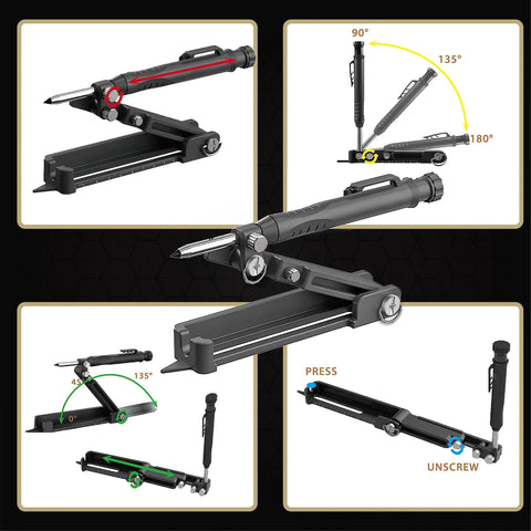 Killer Multi Function Scribing Tool And Precision Gauge With A Built In Carpenter Pencil Rock Solid Zinc Alloy Build For Tight DIY Woodworking And Straight Line Marking Always On Point showing various angles and functionality.